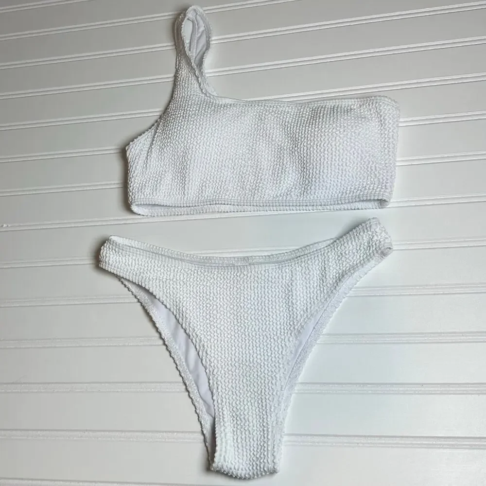 Women White One Shoulder Ribbed Bikini Set Textured High Cut Size Medium NWOT